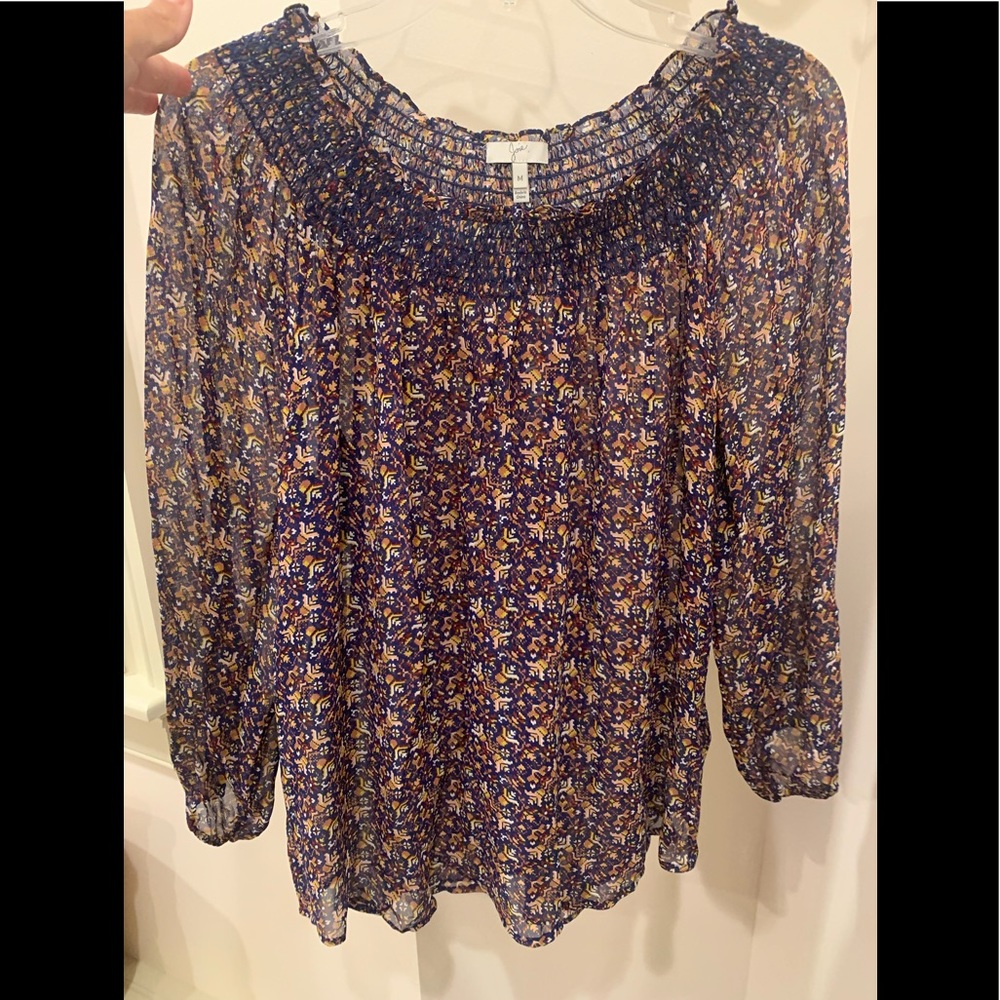 Joie Peasant Smocked Silk Blouse Size M Navy